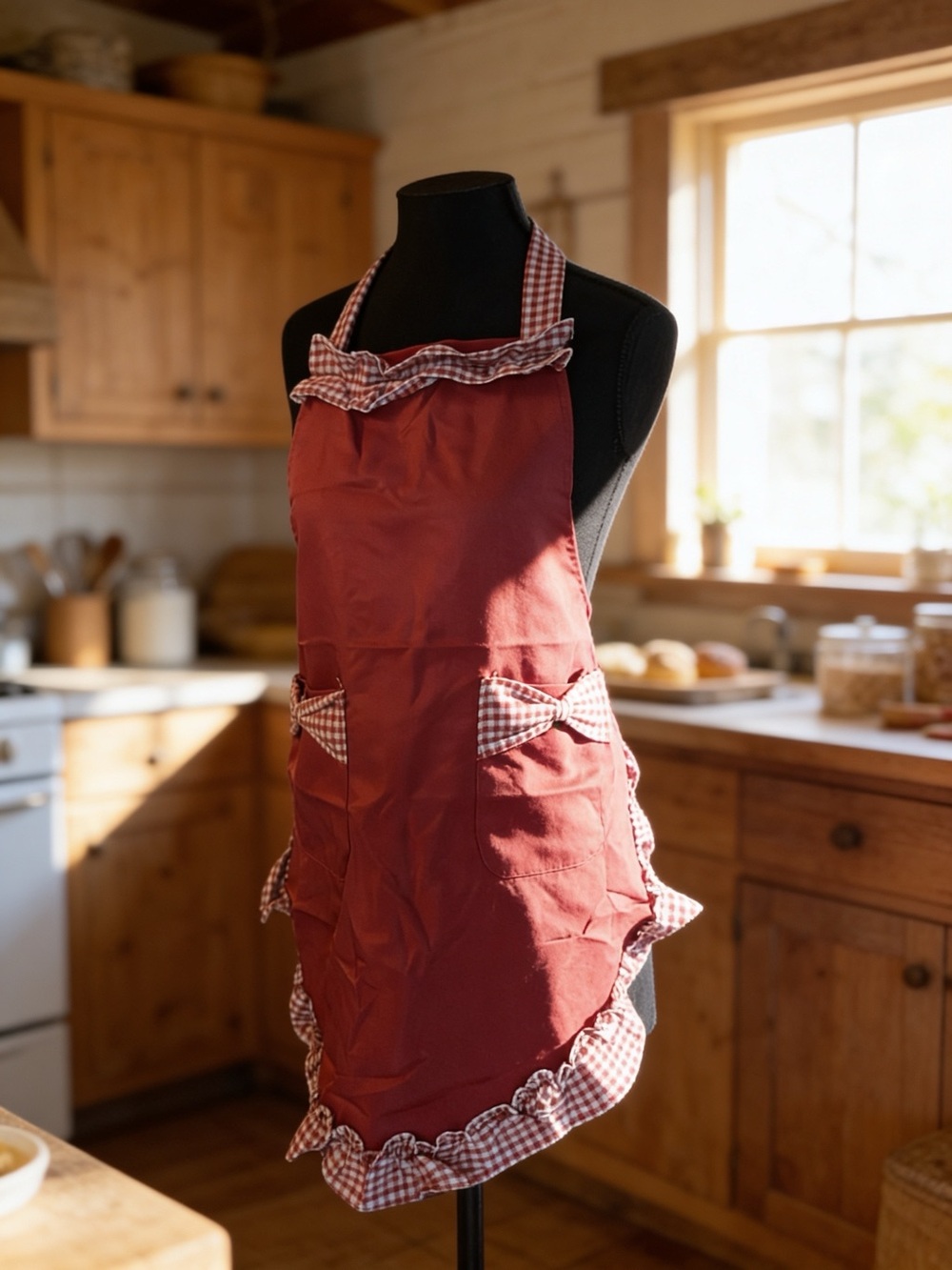 🚨🚨🚨SOLD🚨🚨🚨Rust Red Check Ruffle Kitchen Apron with Pockets - Picture 2 of 6